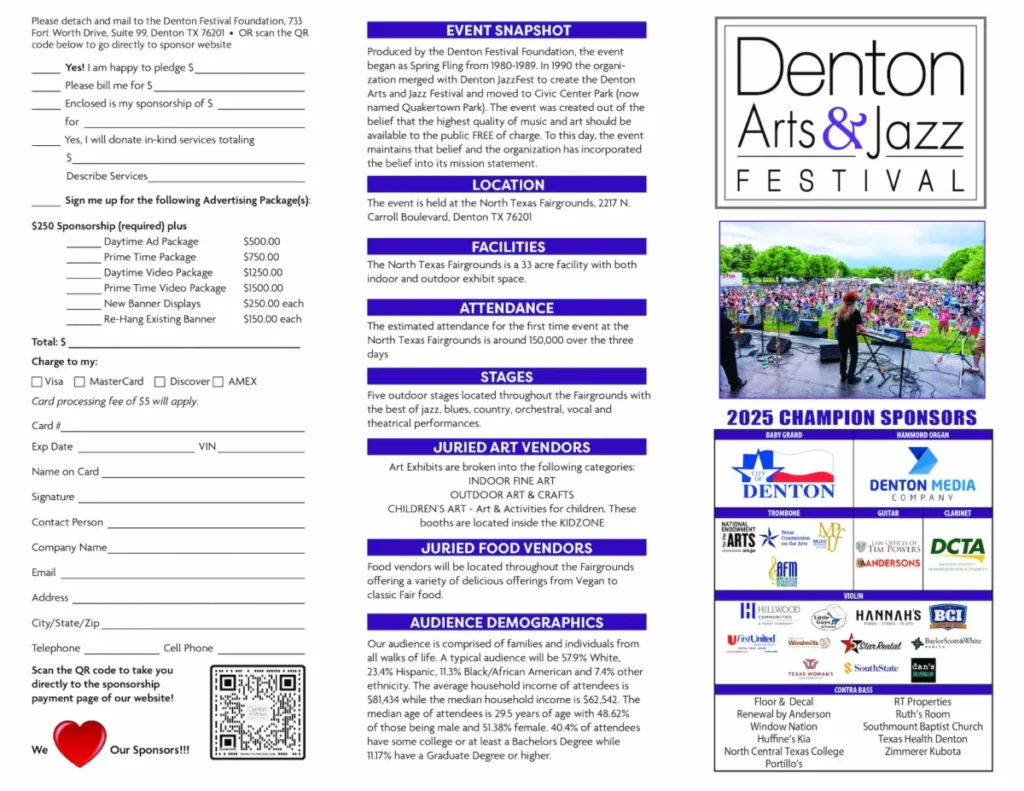 2026 Denton Arts & Jazz Fest Sponsorships brochure Page 1.
